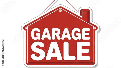 Garage sale sign, red house shaped tag, white text, sale announcement