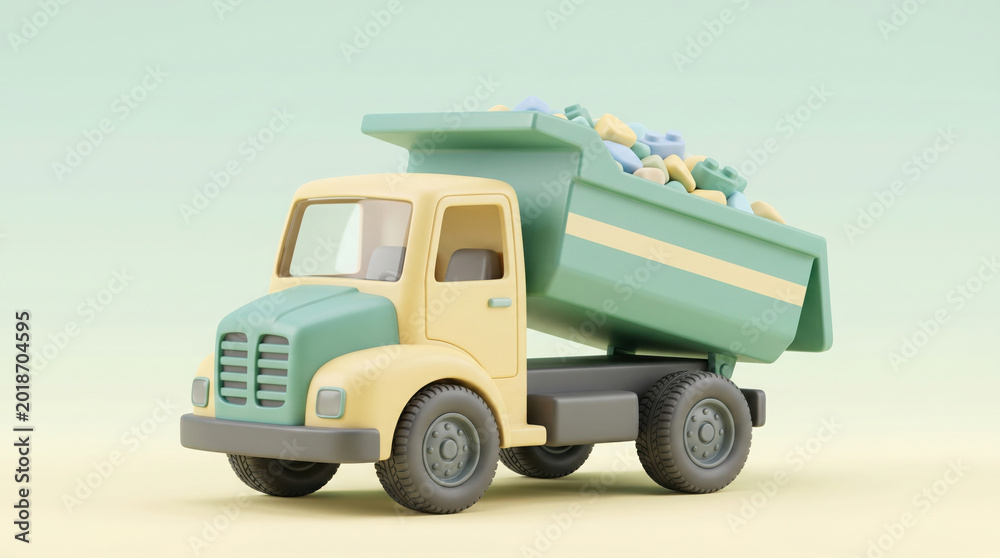 Fototapeta premium A3d rendered toy dump truck with a light green cabin and yellow body on a soft generated using ai