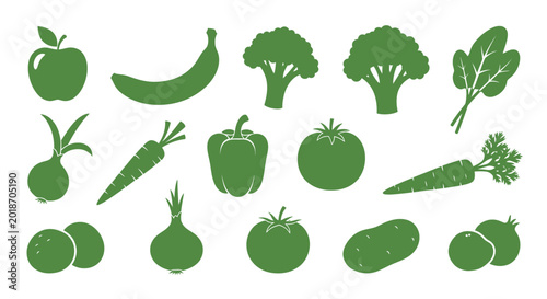 Foto Green vegetables and fruits icons set.