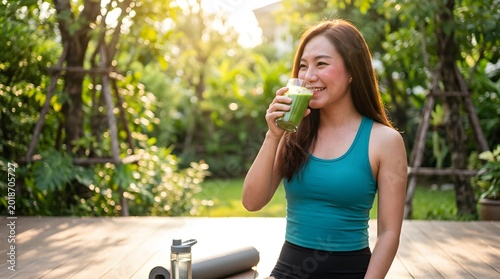 Smiling young Asian woman in teal athletic top drinking green smoothie outdoors on a wooden deck with lush green garden background and golden sunlight