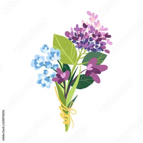 Bright spring flower bouquet flat illustration with lilac and blue blooms, Small decorative botanical arrangement for cheerful floral greeting card, Mother's Day, Birthday, Valentine’s Day, Invitation