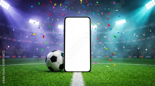 Smartphone mockup standing on a grass soccer field pitch with a ball and confetti falling under bright stadium lights during a sports victory event