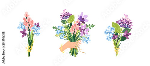 Decorative bouquet illustration collection with colorful flat flowers and feminine hands, botanical spring design for invitations, greeting cards, joyful celebration, Mother's Day or Birthday