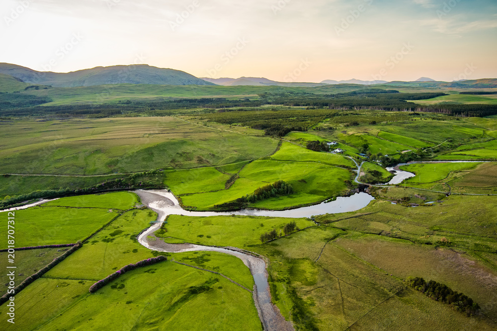 Fototapeta premium Aerial sunset view over the Erriff River valley north of Killary Fjord, County Mayo, Ireland. Remote Wild Atlantic Way landscape near Leenane and Aasleagh Falls.