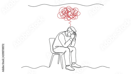 continuous line art Person sitting in a chair with a worried expression and a confused mind.