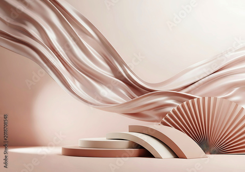 Abstract luxury cosmetic display scene featuring flowing ribbon-like fabric curves, elegant podium composition, and soft neutral studio lighting for premium product promotion.