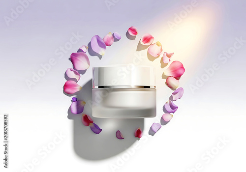 Premium skincare cream jar surrounded by floating flower petals in a clean pastel studio environment with elegant beauty advertising aesthetics.