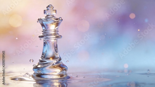 A shiny silver chess queen piece splashes into calm water with ripples on a colorful bokeh background.