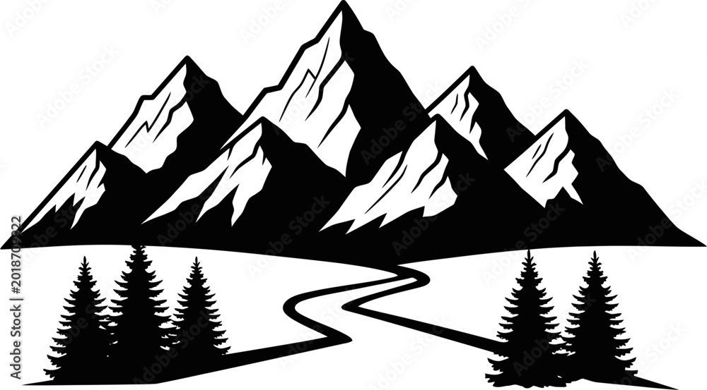 Fototapeta premium A black and white vector illustration depicts a mountain range with evergreen trees in the foreground, all set against a white background.