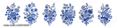 Blue floral patterns on white background for design and decoration purposes