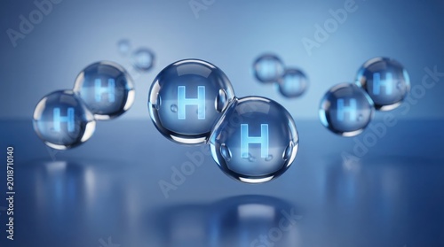Abstract 3D illustration of hydrogen molecules representing clean renewable energy and green fuel technology.