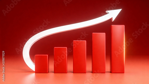 A growing red bar chart with a white arrow pointing upwards shows business success.