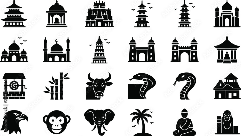 Naklejka premium Set of black silhouette culture icons featuring Asian landmarks traditional temples historic architecture and tropical wildlife isolated on white background.