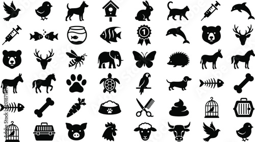 Photography Large bundle of black silhouette icons featuring wild animals domestic pets veterinary care symbols and farm livestock isolated on white background
