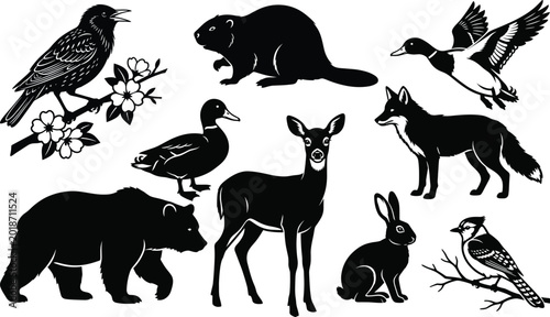 Bild auf Leinwand Woodland forest animals silhouette collection featuring grizzly bear deer fox beaver rabbit birds and ducks isolated on white background