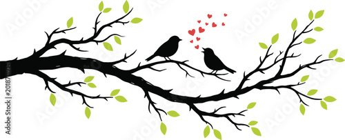 Photos Romantic silhouette vector illustration of two lovebirds chirping on a tree branch with hearts and green leaves