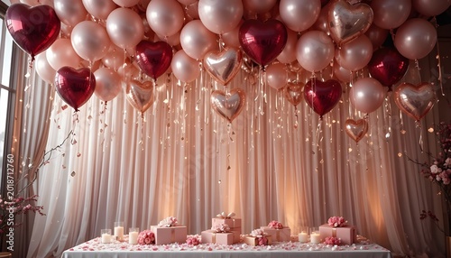 A luxurious romantic party setup filled with floating helium balloons in various sizes and shapes