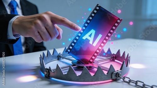 A suited individual interacts with AI on a screen emerging from a bear trap