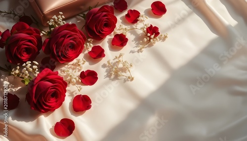 A romantic flat-lay composition featuring several fully bloomed deep red roses surrounded by scattered rose petals arranged naturally across a soft ivory satin fabric background