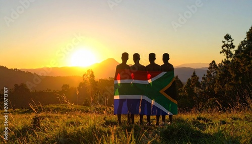 Four people on grassy hill at sunset, holding large South African flag, scenic rolling hills and mountain peak in distance, warm glow creating inspiring composition of unity, pride, and natural beauty