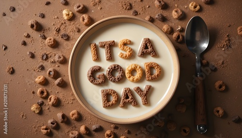 cozy breakfast flat lay scene viewed alphabet-shaped cereal arranged to spell “IT’S A GOOD DAY