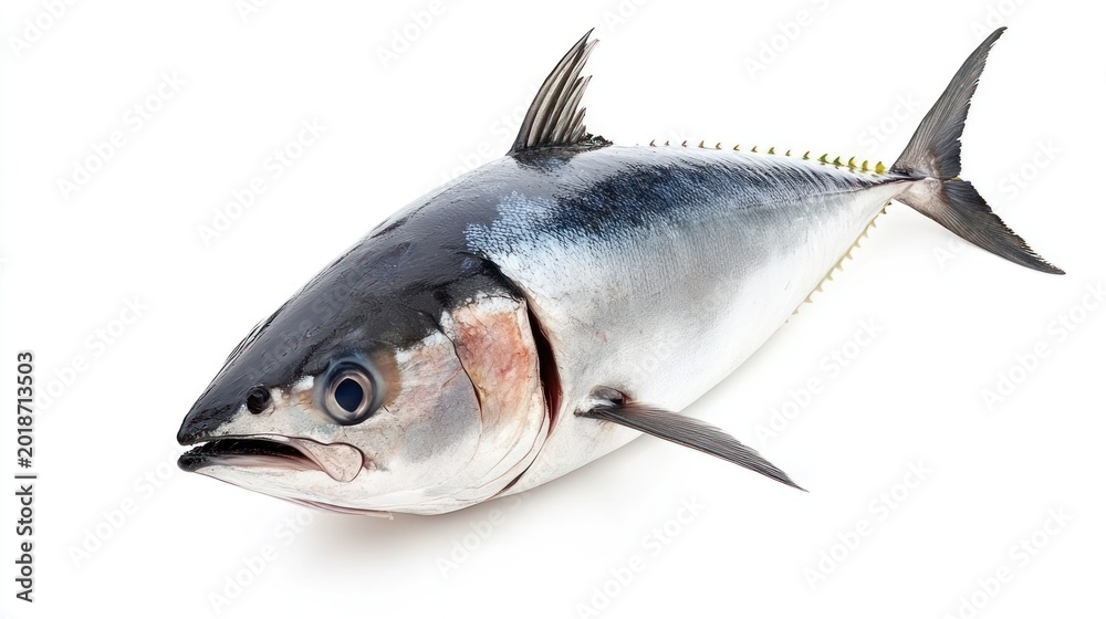 Obraz premium A large, silver fish with a dark back, fins, and eyes on a white background