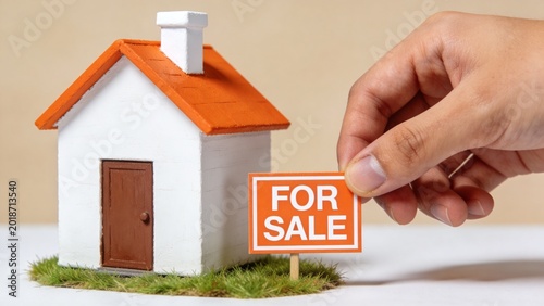 A hand holds a miniature house with a 'FOR SALE' sign on a small patch of grass on a table indoors.