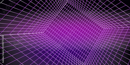 Glowing neon wireframe background. Purple shining checkered grid planes in perspective. Bright retro futuristic horizon wallpaper. Arcade game sci fi matrix surface. Vector backdrop for poster, banner