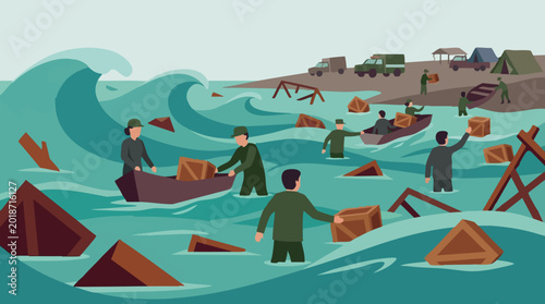 Fotografie Flood Disaster Relief Efforts with People Moving Supplies in Water