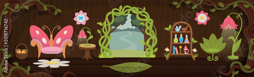 Cute fairy room interior with magical forest elements, butterfly chair, glowing flower lamps, potion shelf, vine arch doorway and whimsical fantasy decor.  