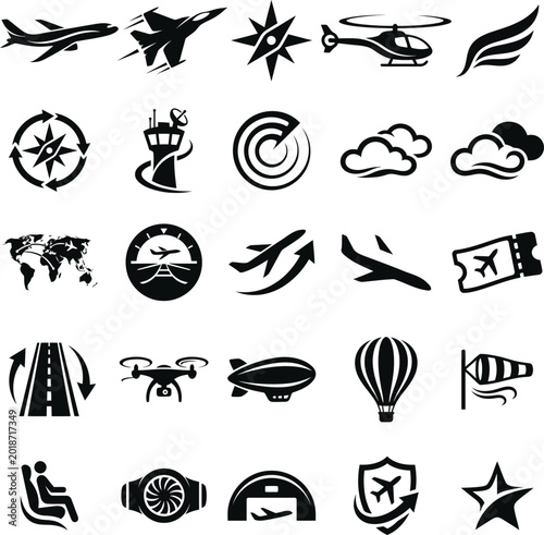 Set of aviation and transportation icons including planes helicopter drone