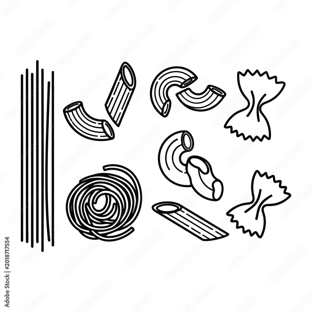 Fototapeta premium Set of assorted Italian pasta shapes outline icons for culinary design and restaurant menu illustrations or food blog graphics