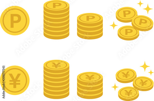 Illustrated gold coins and stacks with yen and p symbol designs