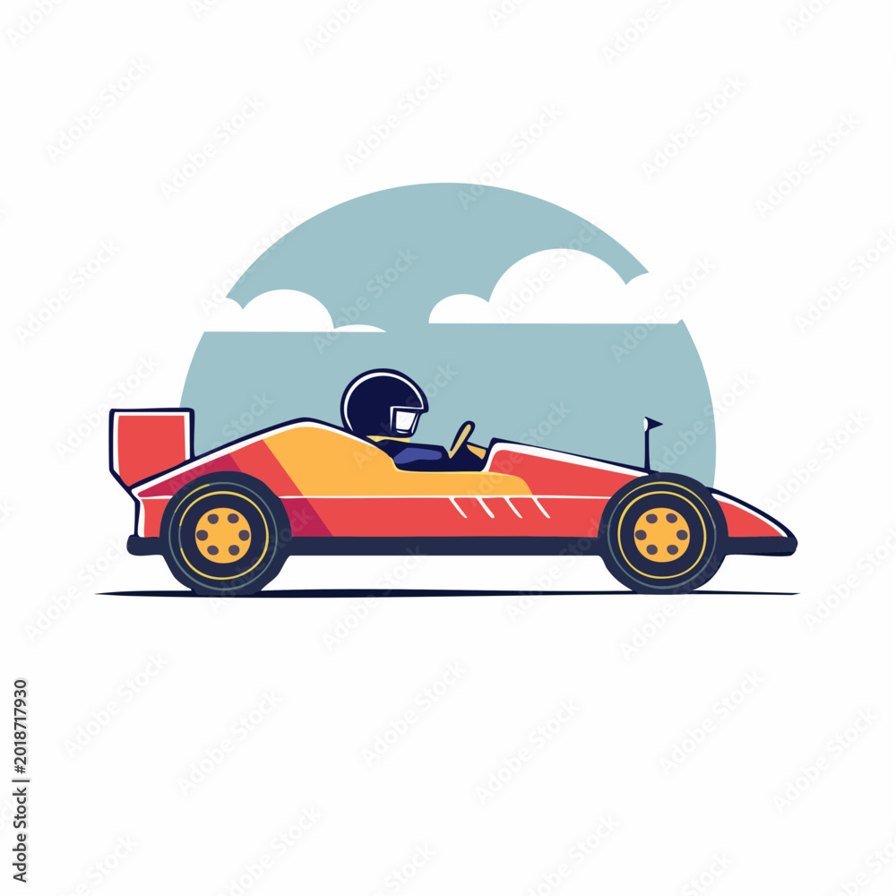 Fototapeta premium Stylized illustration of a race car driver in a red and yellow Formula 1 car