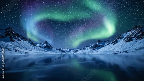 Stunning aurora borealis dancing above snow covered mountains and lake