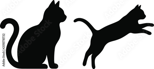 Black cat silhouette set with sitting and jumping feline poses isolated on gray background vector illustration