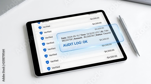 A tablet displaying an audit log on a white table next to a stylus