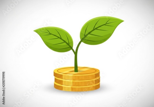 A green plant sprout growing out of a stack of gold coins on a white background