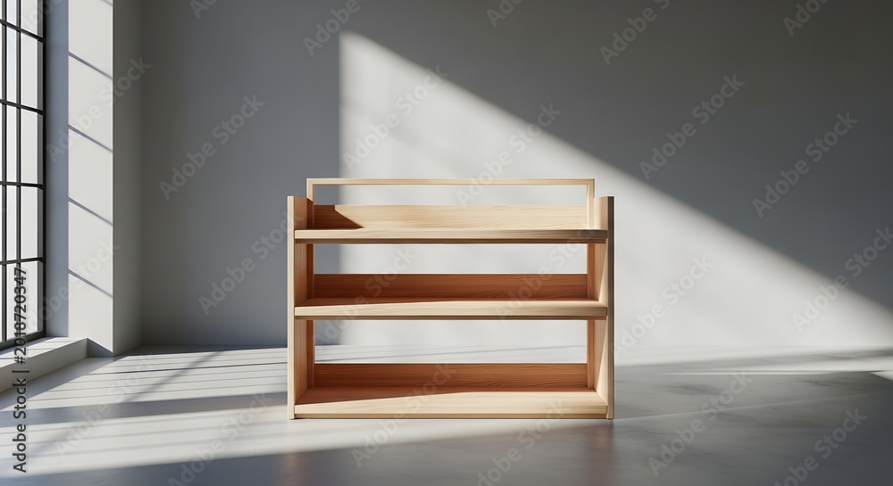 Fototapeta premium Wooden bookshelf with three shelves minimalist design interior studio lighting high quality professional