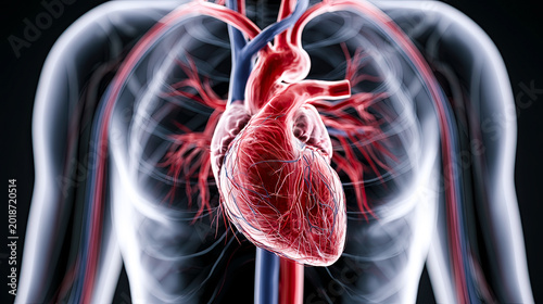 Vibrant human heart showcased in detailed anatomy illustration highlighting the circulatory system and blood flow dynamics