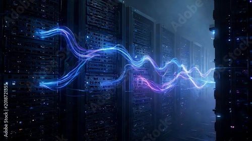 Low angle shot of an IT professional or engineer working with high-density server racks in a modern data center. Conceptual illustration of system administration, network maintenance