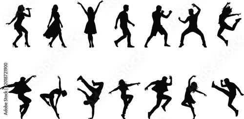 Tableau sur toile Collection of dancing people silhouettes in energetic poses, men and women perfo