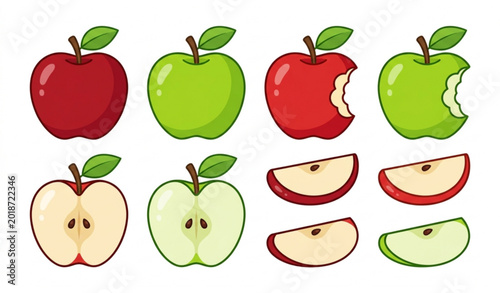Obraz na plátně Red and green apple vector collection sliced fruit flat illustration set