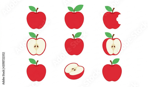 Photos Cute apple vector illustration set whole cut and bitten fruit collection