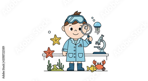 Fotografi Young boy in lab coat holding magnifying glass.