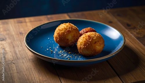 Crispy golden fried arancini balls with breadcrumb coating served on a blue plate with sesame seeds and spices, dark moody lighting on a wooden table