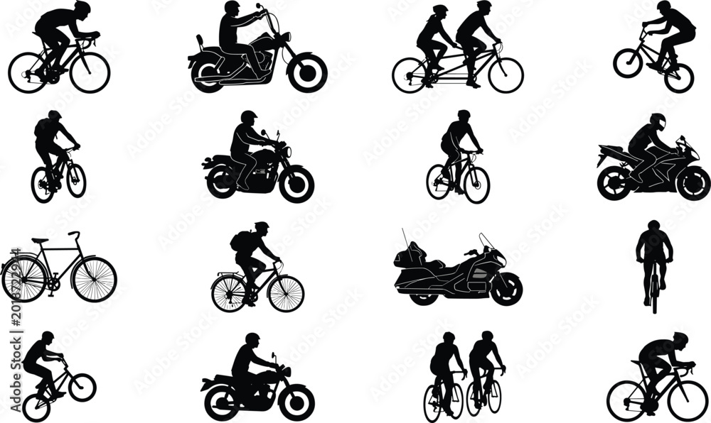 Fototapeta premium Collection of bicycle and motorcycle rider silhouettes isolated on gray background for sports transport and adventure design