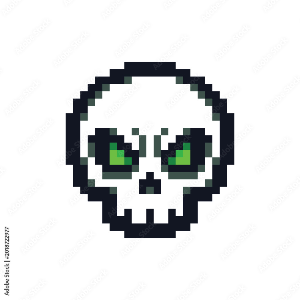 Fototapeta premium Angry Skull Pixel Art with Glowing Green Eyes Isolated
