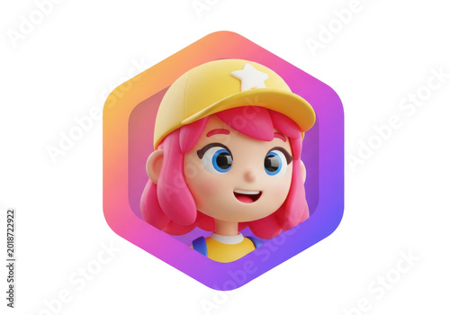 3d illustration of a cute girl character with pink hair and yellow cap isolated on transparent background