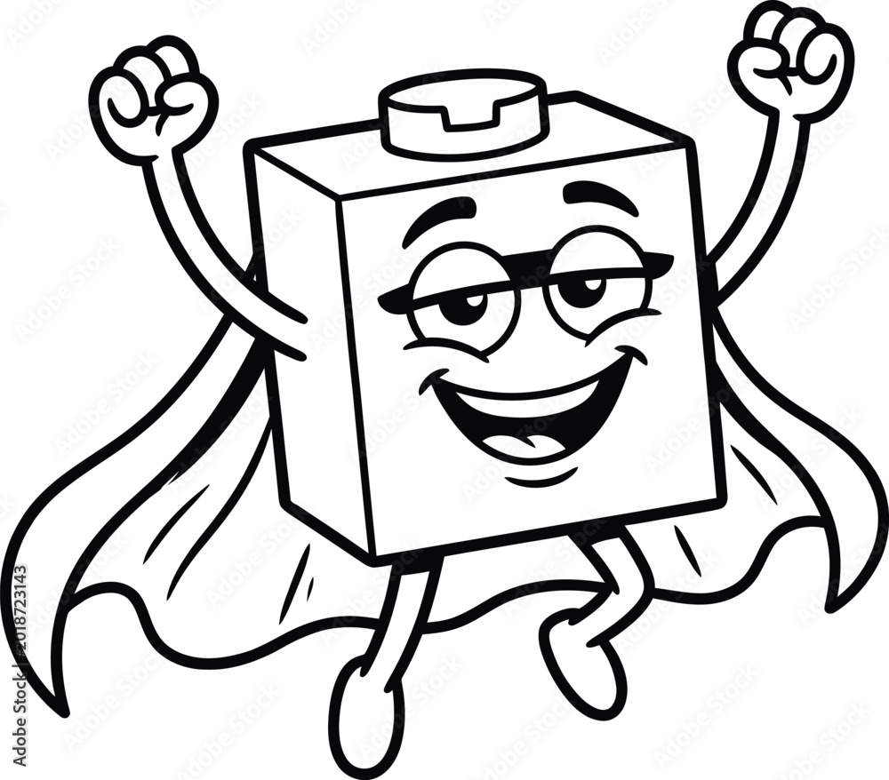 Fototapeta premium Happy cartoon block character with arms raised and cape flying isolated